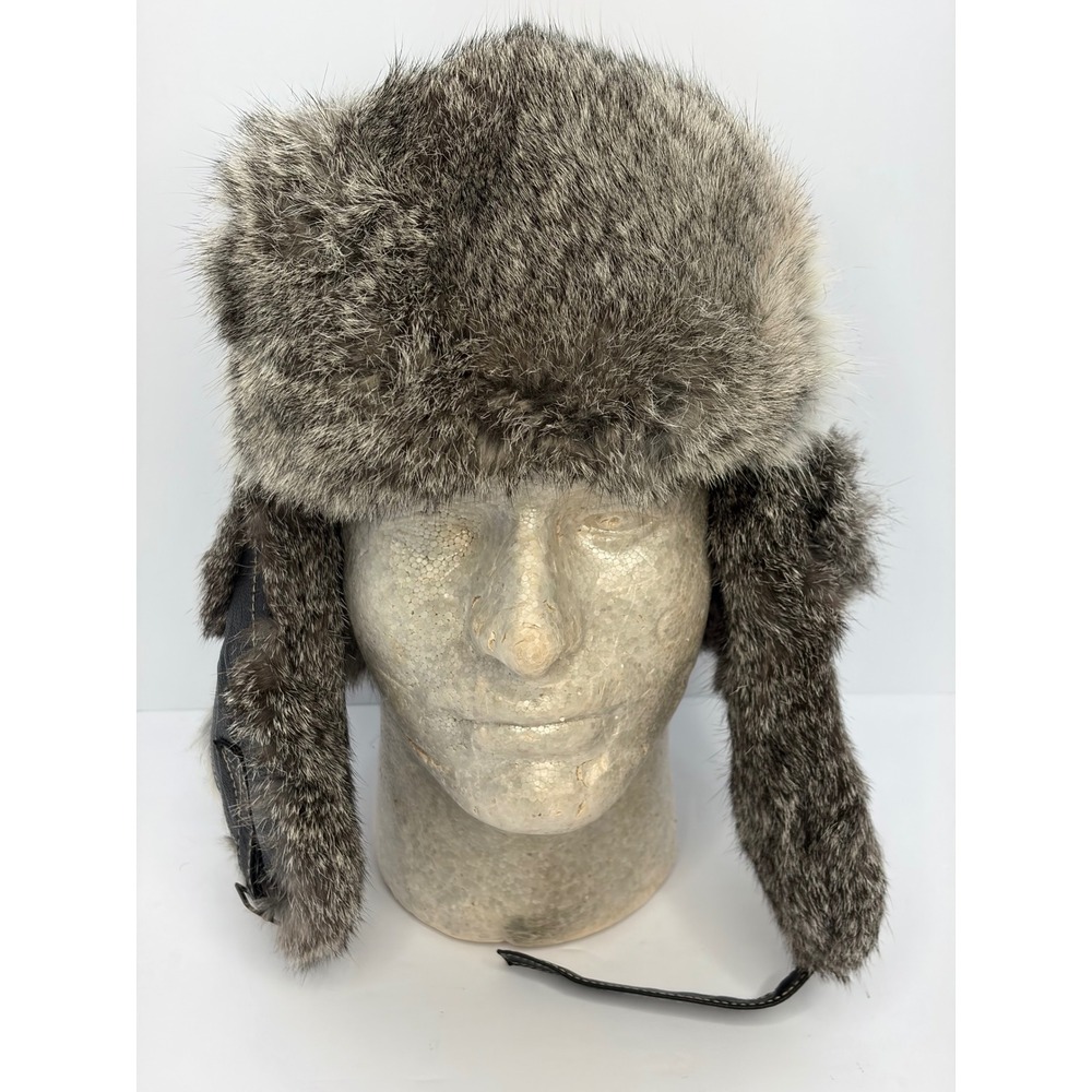Brown Leather Rabbit Fur Trapper Hat Aviator Bomber Winter Cap Ear Flaps